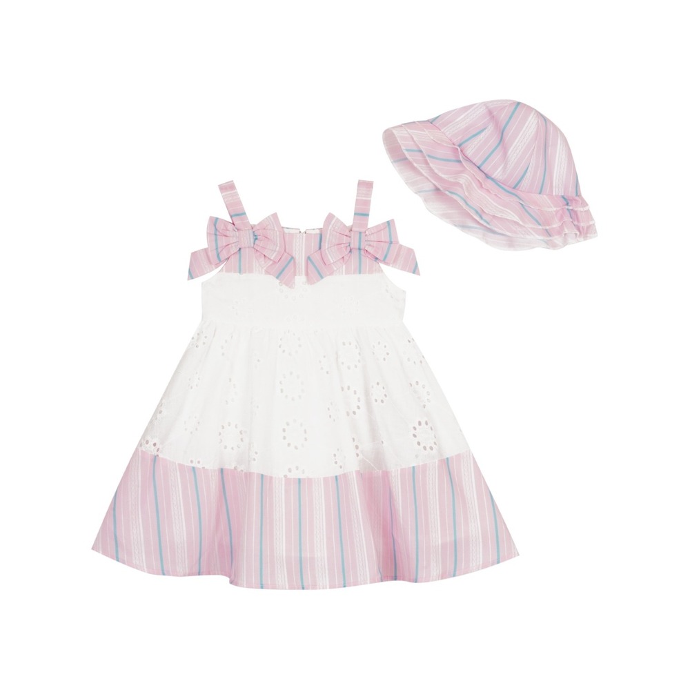 Rare Editions Baby Girls Eyelet to Stripe Dress and Hat 2 Piece Set - Size 6-9M‎